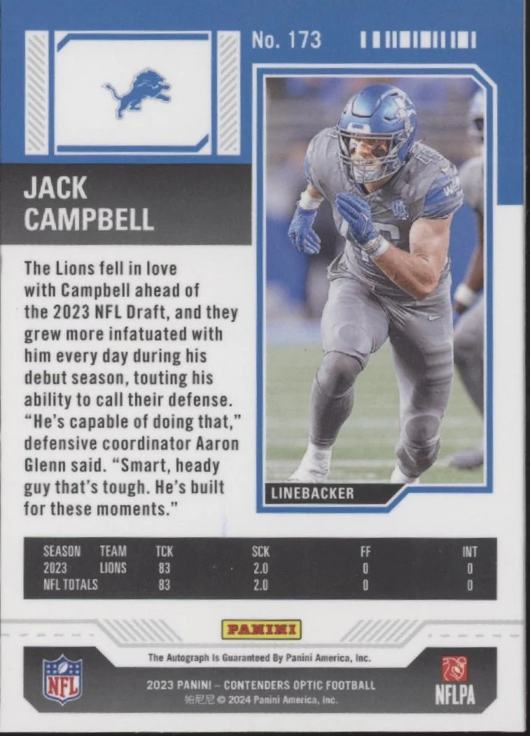 Jack Campbell 2023 Panini Contenders Optic Rookie Ticket RC Auto #173 - Image 2