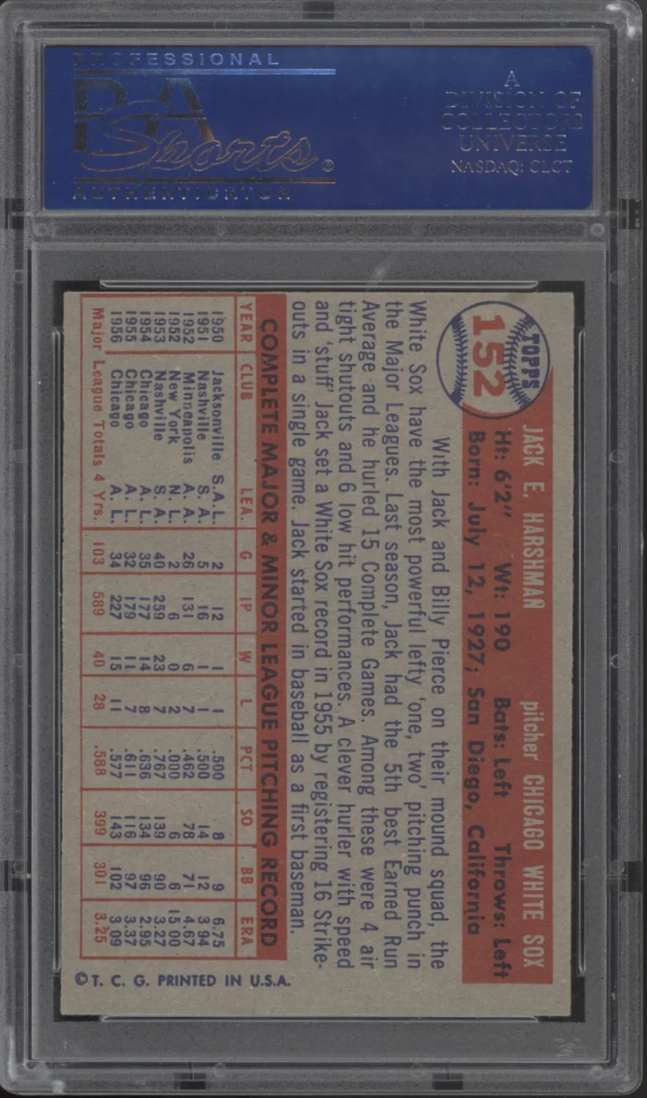 Jack Harshman 1957 Topps #152 PSA 7 - Image 2
