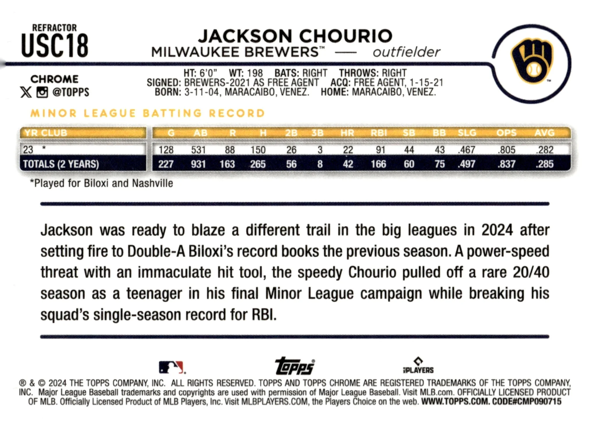Jackson Chourio 2024 Topps Chrome Refractor RC #USC18 - Image 2