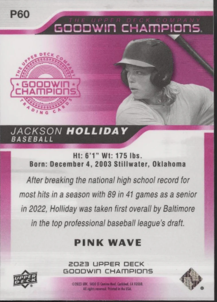 Jackson Holliday 2023 Upper Deck Goodwin Champions Pink Wave RC #P60 - Image 2