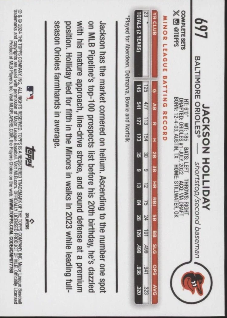 Jackson Holliday 2024 Topps Complete Sets RC #697 - Image 2