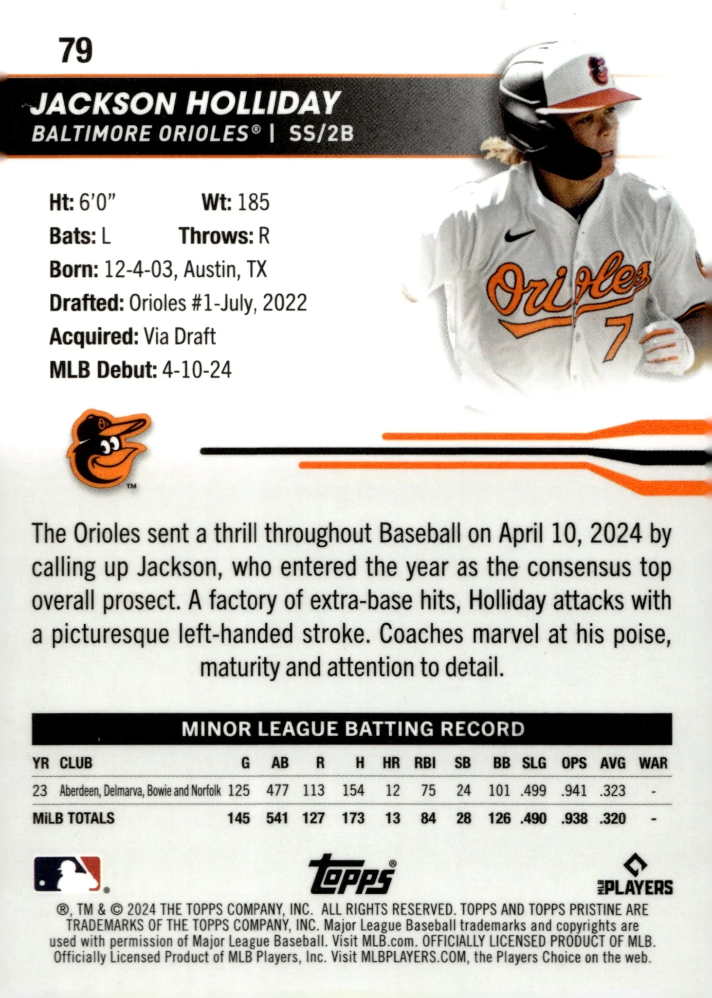 Jackson Holliday 2024 Topps Pristine RC #79 - Image 2