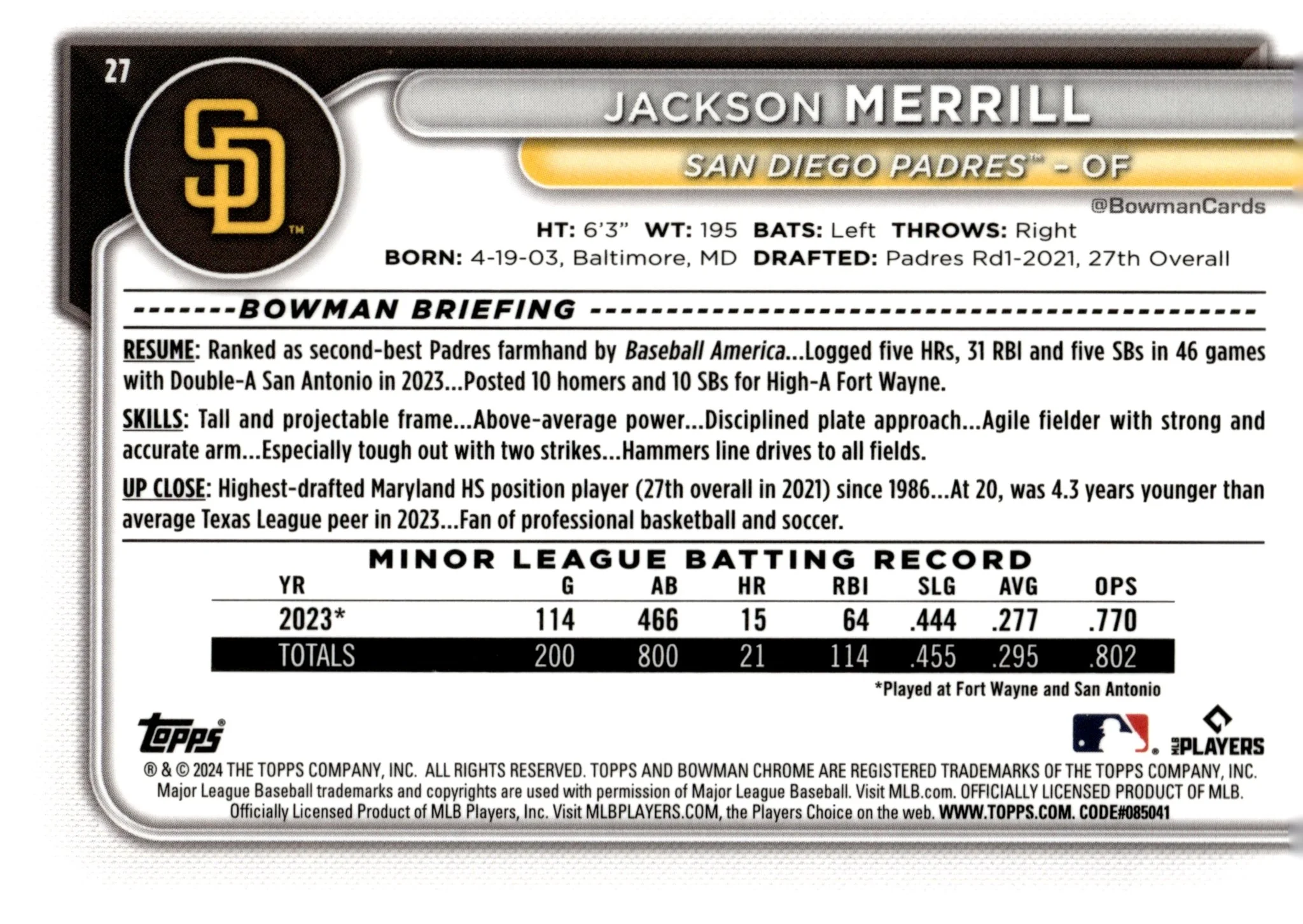 Jackson Merrill 2024 Bowman Chrome RC #27 #1 - Image 2