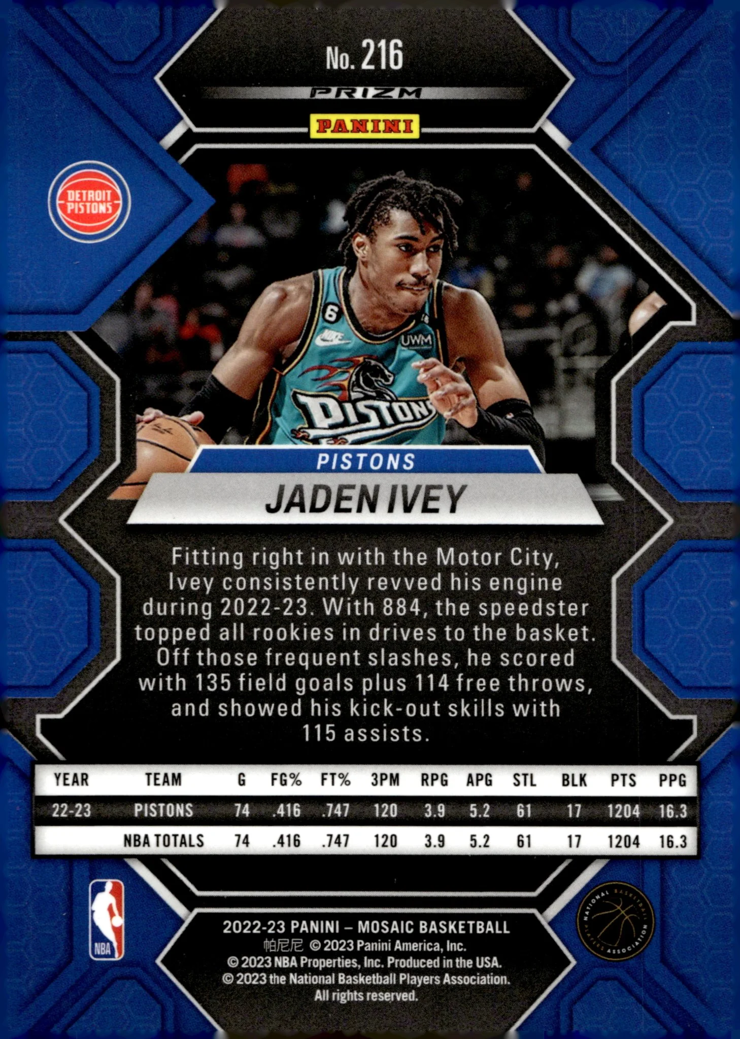 Jaden Ivey 2022-23 Panini Mosaic Green Prizm RC #216 - Image 2