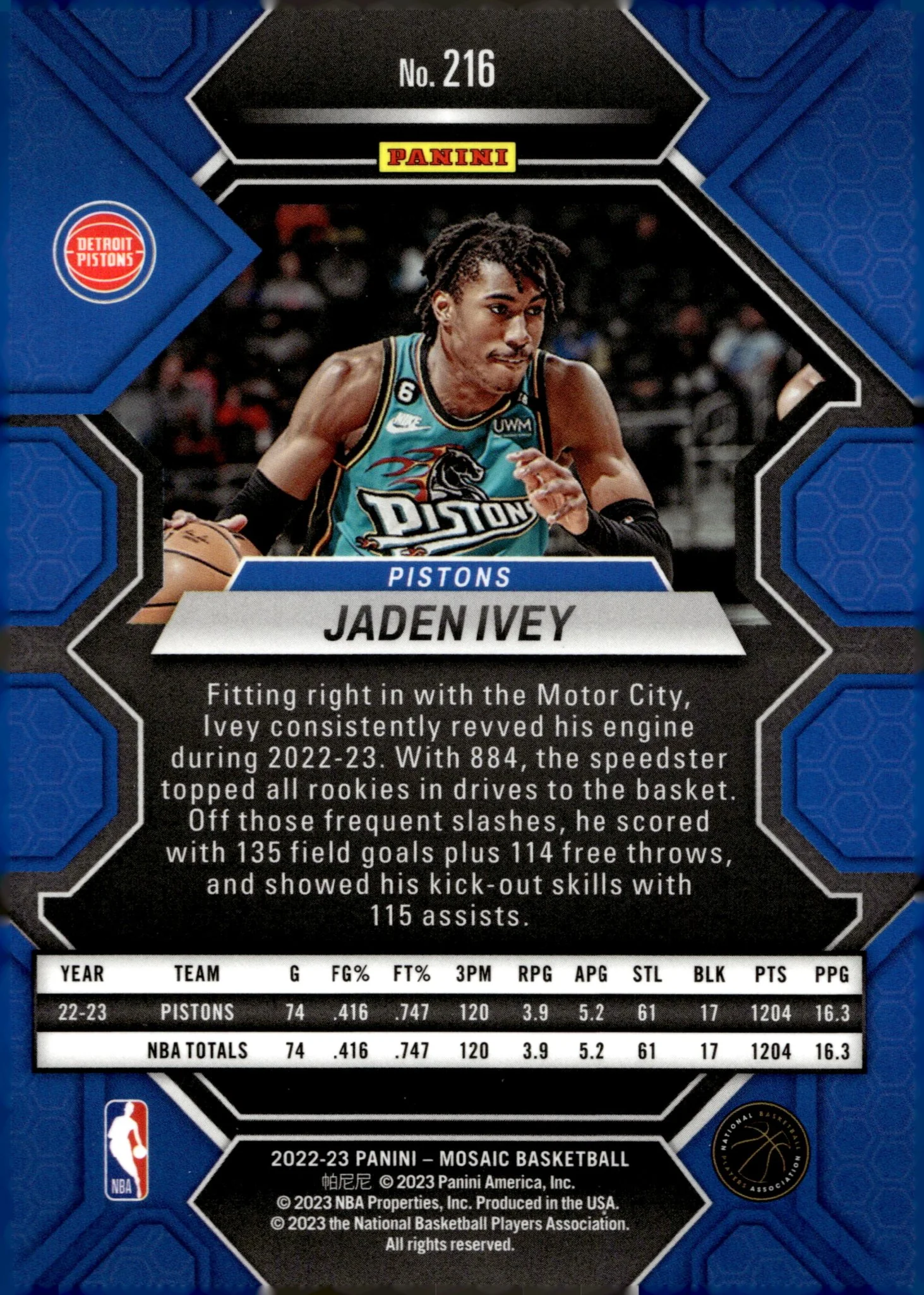 Jaden Ivey 2022-23 Panini Mosaic RC #216 - Image 2