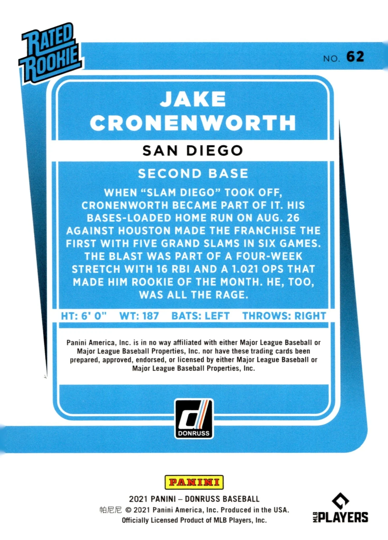 Jake Cronenworth 2021 Panini Donruss Rated Rookie Blue Holo RC #62 - Image 2