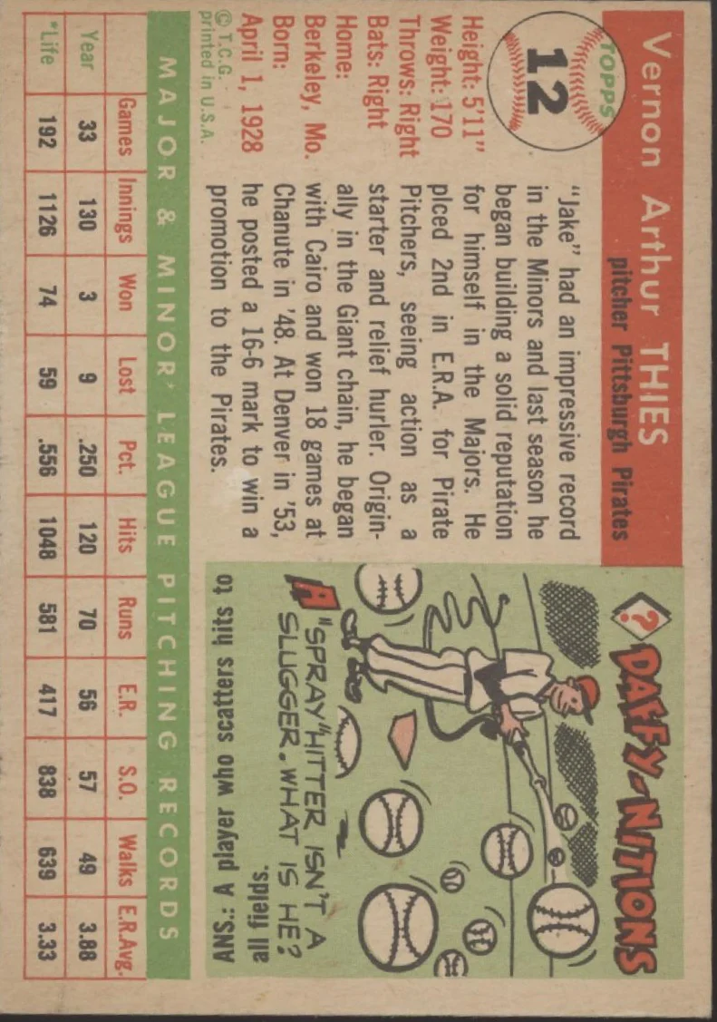 Jake Thies 1955 Topps #12 Pittsburgh Pirates EX - Image 2