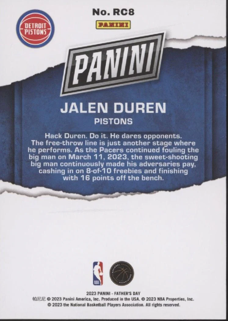 Jalen Duren 2023 Panini Father's Day Red RC 57/99 #RC8 - Image 2