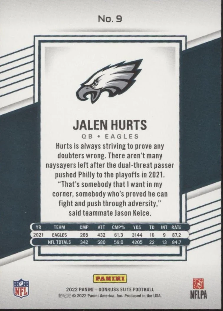 Jalen Hurts 2022 Panini Donruss Elite Status Blue 139/275 #9 - Image 2