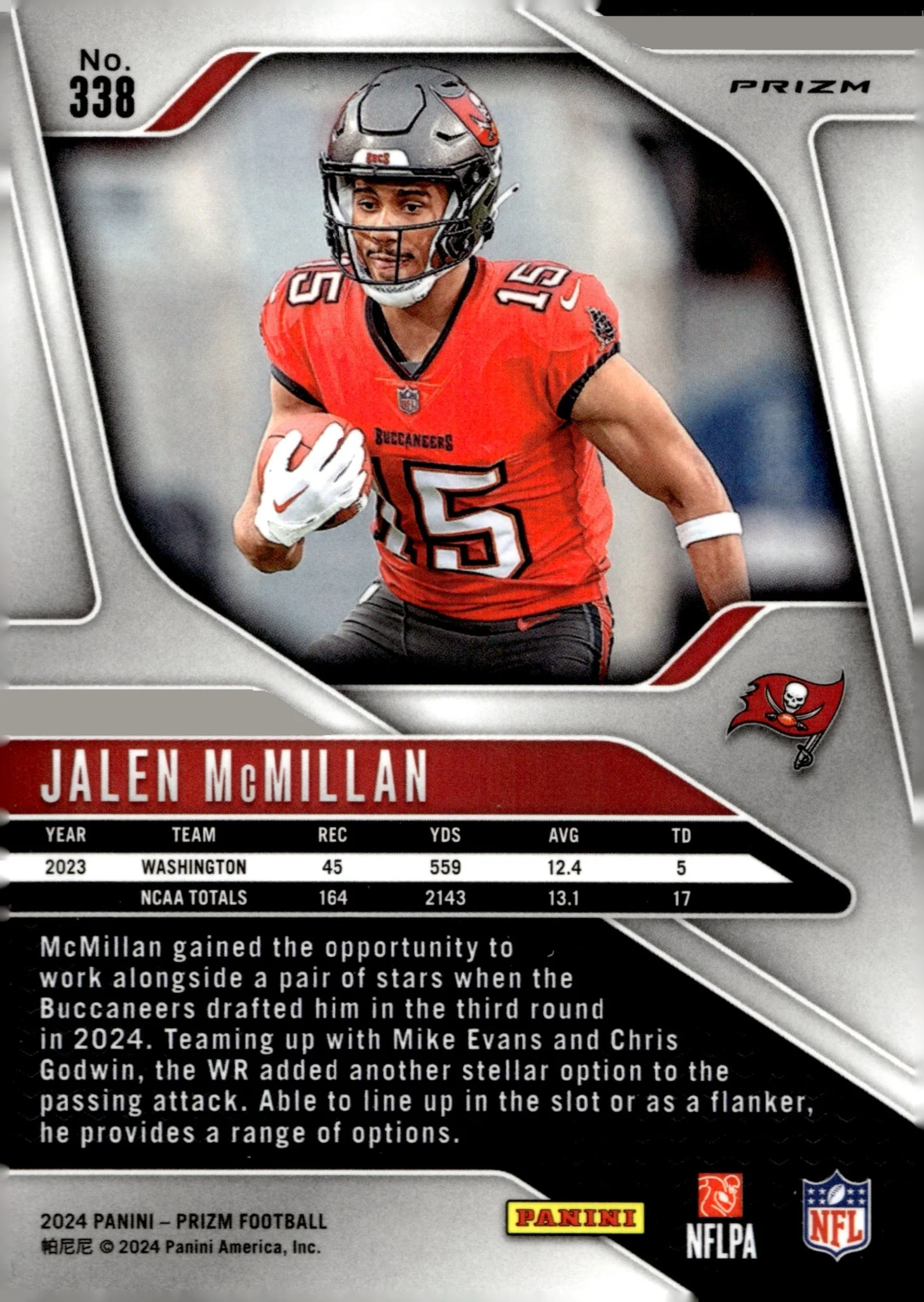 Jalen McMillan 2024 Panini Prizm Red White & Blue Prizm RC #338 - Image 2