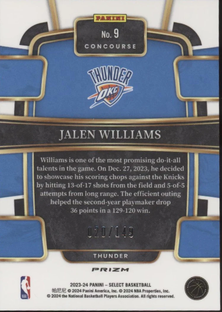Jalen Williams 2023-24 Panini Select White Prizm 020/149 #9 - Image 2