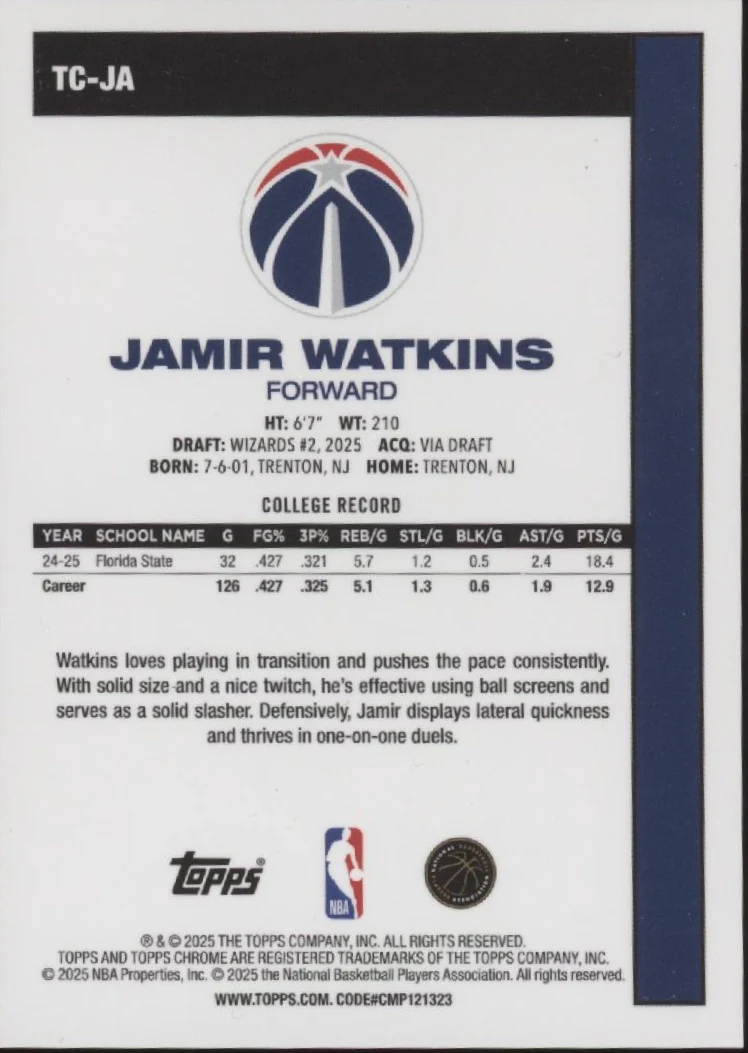 Jamir Watkins 2025-26 Topps Chrome 45th Anniversary Orange Mojo Refractor 05/25 - Image 2
