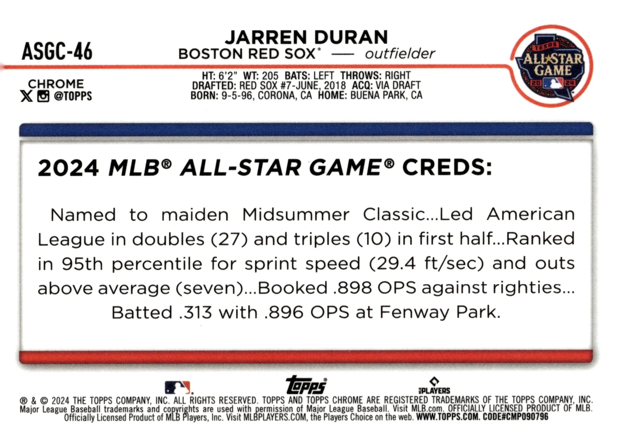 Jarren Duran 2024 Topps Chrome All Star Game Refractor #ASGC-46 - Image 2
