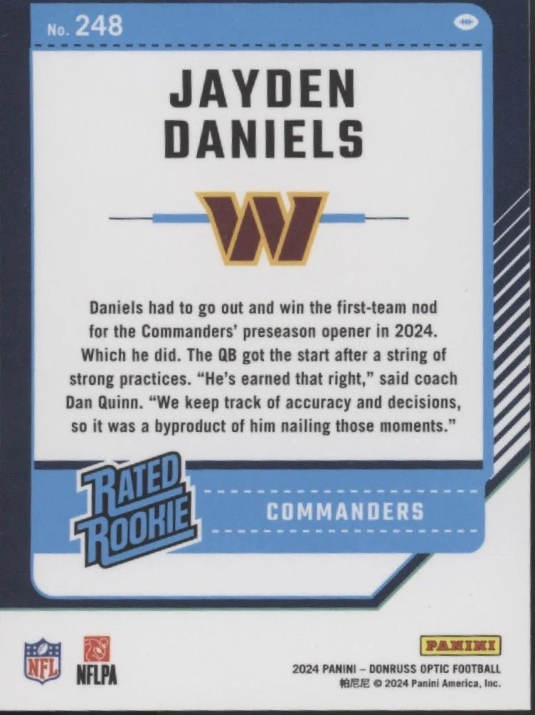 Jayden Daniels 2024 Panini Donruss Optic Rated Rookie RC #248 #1 - Image 2