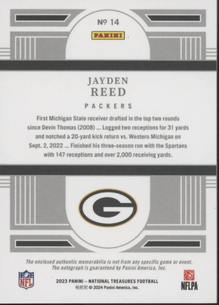 Jayden Reed 2023 Panini National Treasures Green Swatch RC Auto #14 - Image 2