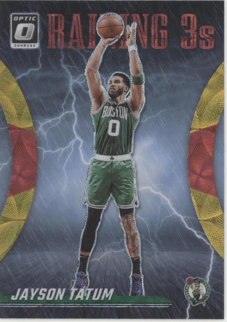 Jayson Tatum 2023-24 Donruss Optic Raining 3s Red & Gold International 42/99