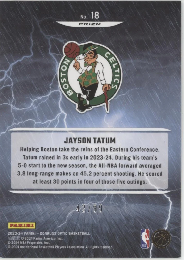 Jayson Tatum 2023-24 Donruss Optic Raining 3s Red & Gold International 42/99 - Image 2