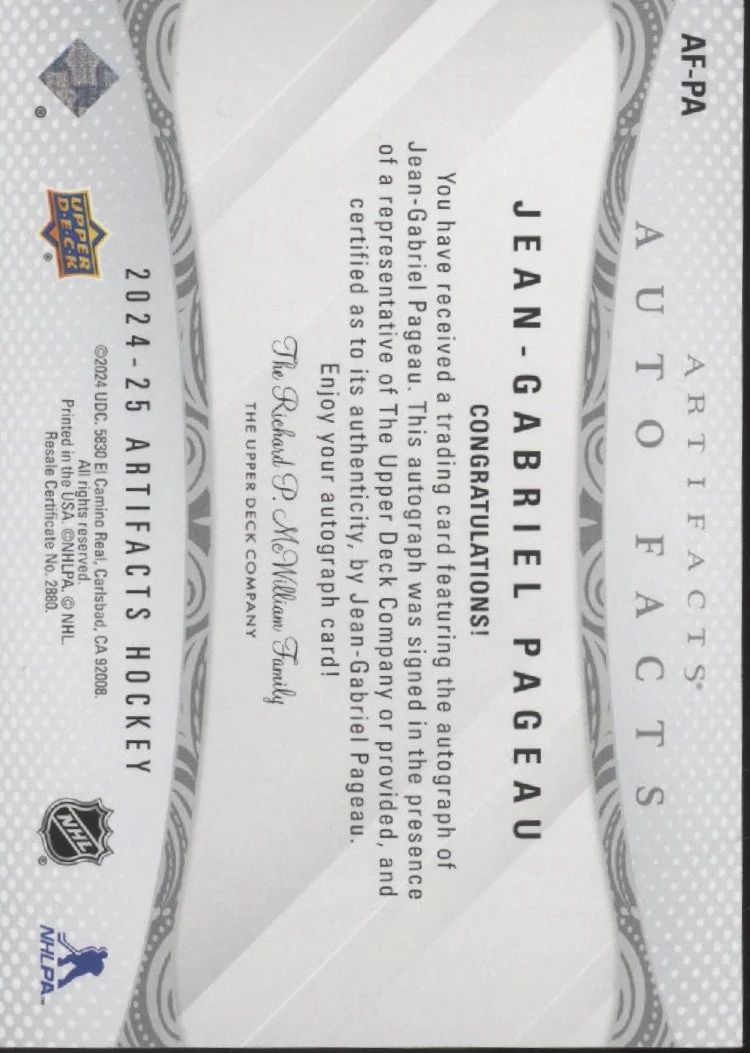 Jean-Gabriel Pageau 2024-25 Upper Deck Artifacts Auto Facts Auto #AF-PA - Image 2
