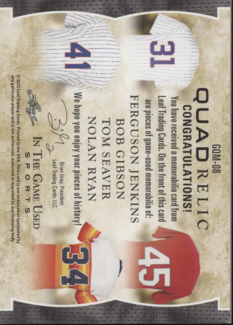 Jenkins Gibson Seaver Ryan 2022 Leaf In the Game Used Quad Relic Green 2/2 - Image 2