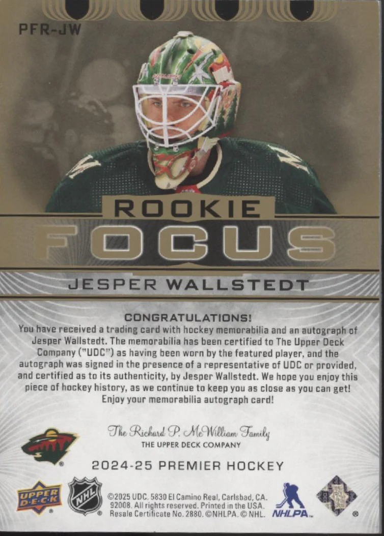 Jesper Wallstedt 2024-25 Upper Deck Premier Rookie Focus Swatch RC Auto 08/49 - Image 2