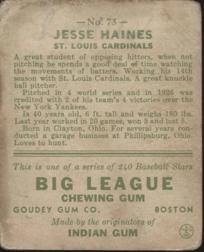 Jesse Haines 1933 Goudey #73 St. Louis Cardinals GD - Image 2