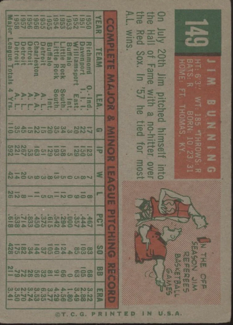 Jim Bunning 1959 Topps #149 Detroit Tigers GD - Image 2