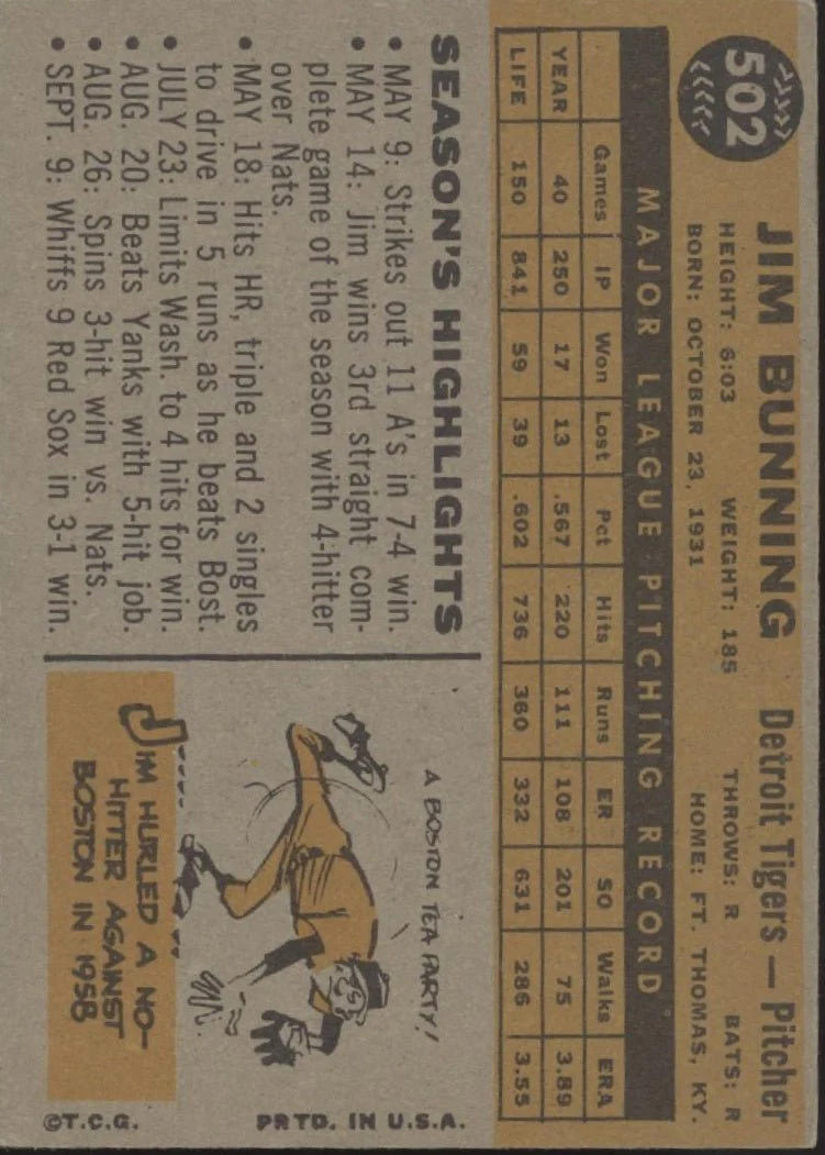 Jim Bunning 1960 Topps #502 Detroit Tigers EX - Image 2