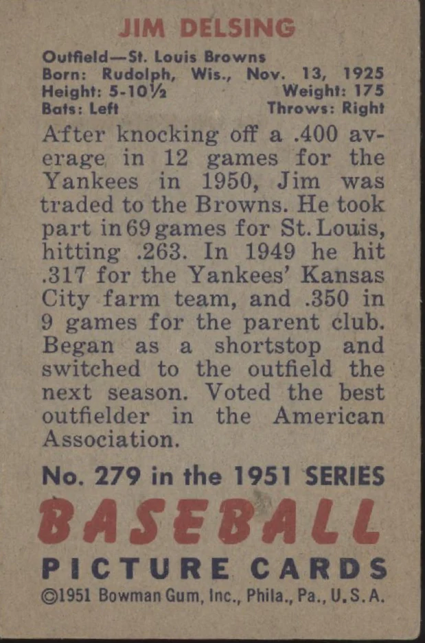 Jim Delsing 1951 Bowman RC #279 St. Louis Browns VG-EX - Image 2