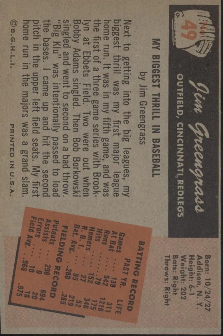 Jim Greengrass 1955 Bowman #49 Cincinnati Redlegs EX - Image 2
