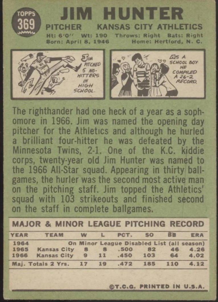Jim Hunter 1967 Topps #369 Kansas City Athletics VG #3 - Image 2