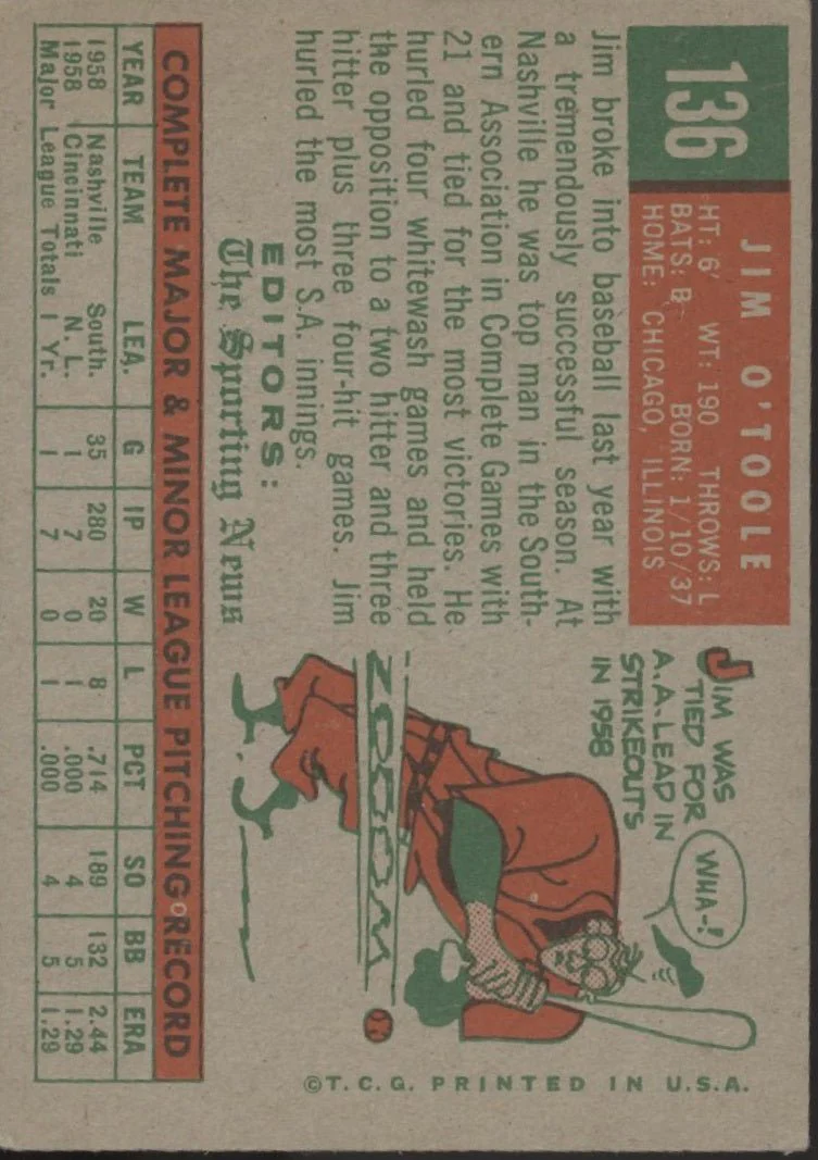 Jim O'Toole 1959 Topps Sporting News RC #136 EX - Image 2