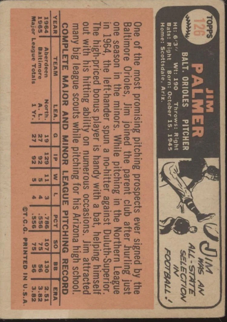 Jim Palmer 1966 Topps RC #126 Baltimore Orioles GD - Image 2