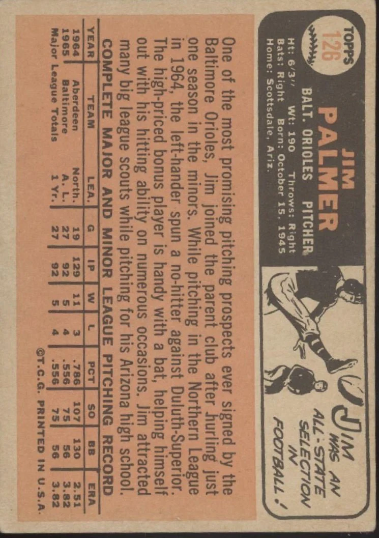 Jim Palmer 1966 Topps RC #126 Baltimore Orioles VG #1 - Image 2