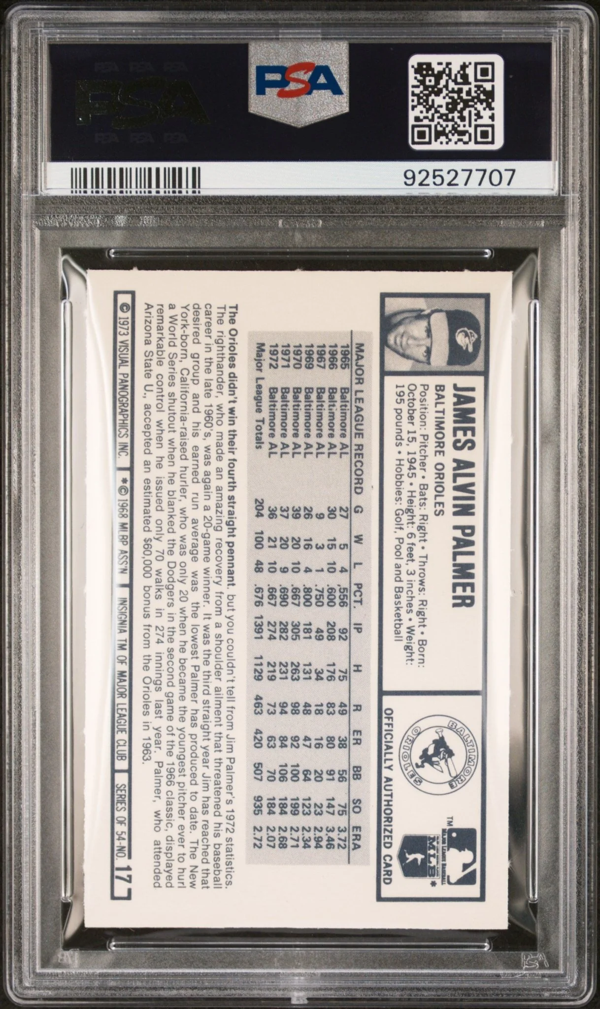 Jim Palmer 1973 Kellogg's #17 PSA 9 - Image 2