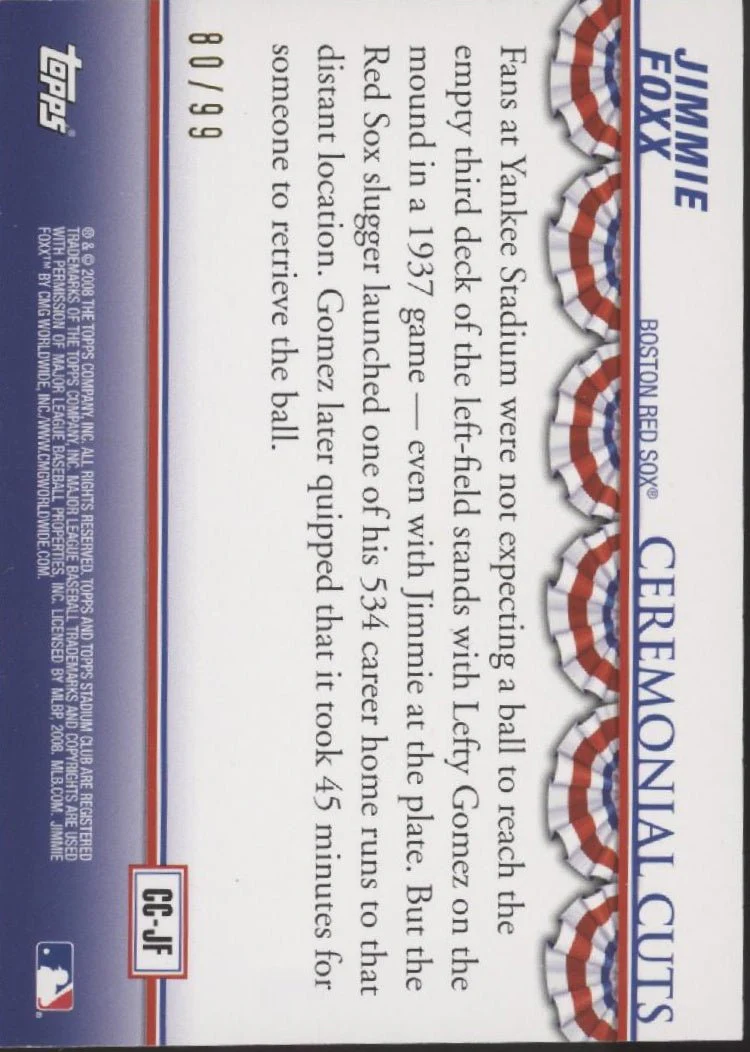 Jimme Fox 2008 Topps Stadium Club Ceremonial Cuts Bunting Swatch Blue 80/99 - Image 2
