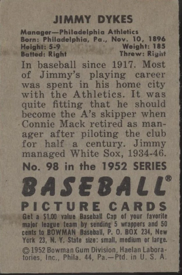 Jimmy Dykes 1952 Bowman #98 Philadelphia Athletics VG - Image 2