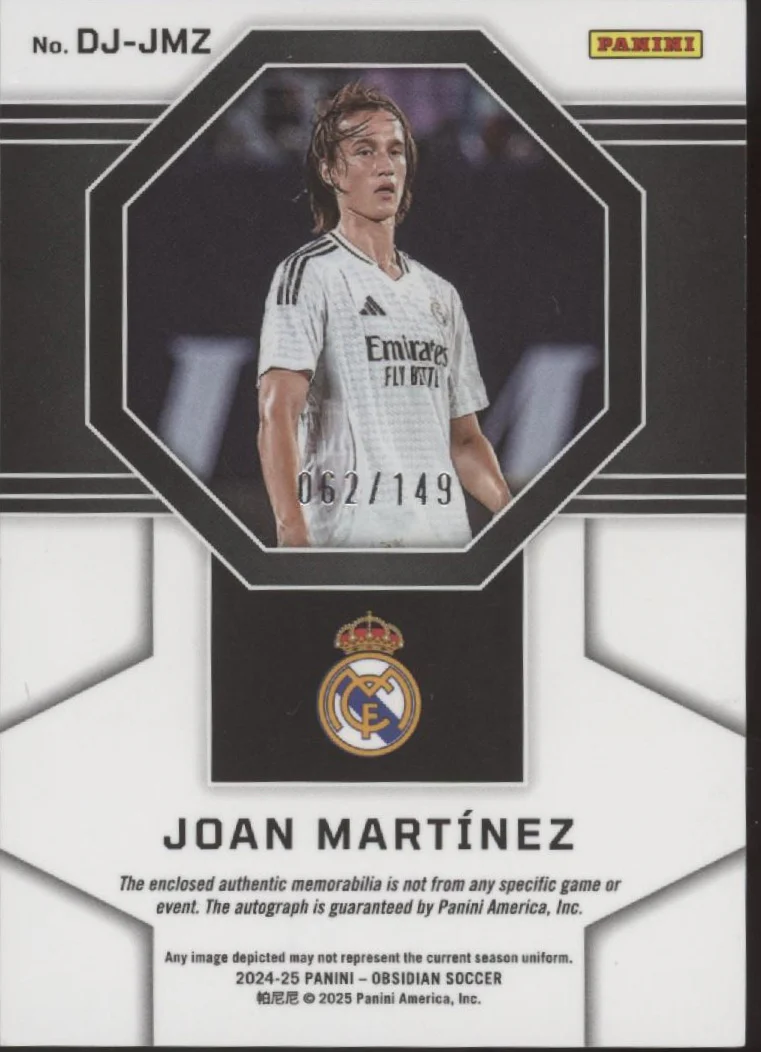 Joan Martinez 2024-25 Panini Obsidian Orange Swatch RC Auto 062/149 #DJ-JMZ - Image 2