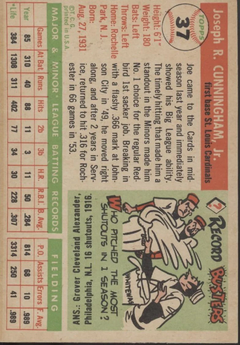Joe Cunningham 1955 Topps RC #37 St. Louis Cardinals EX - Image 2
