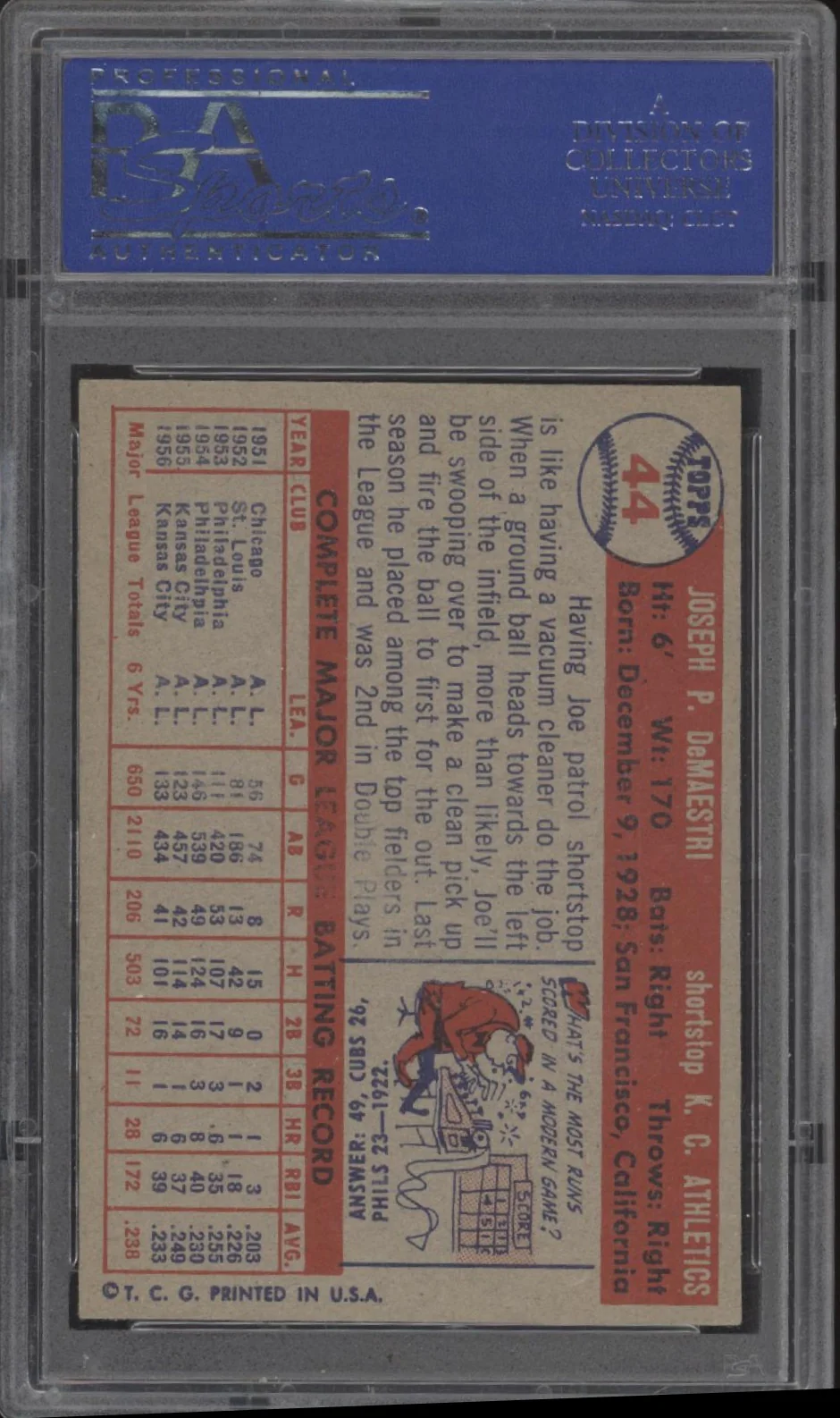 Joe DeMaestri 1957 Topps #44 PSA 7 - Image 2