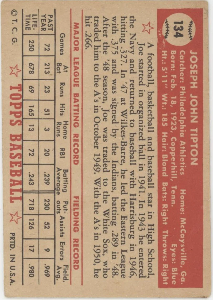 Joe Tipton 1952 Topps #134 Philadelphia Athletics VG-EX - Image 2