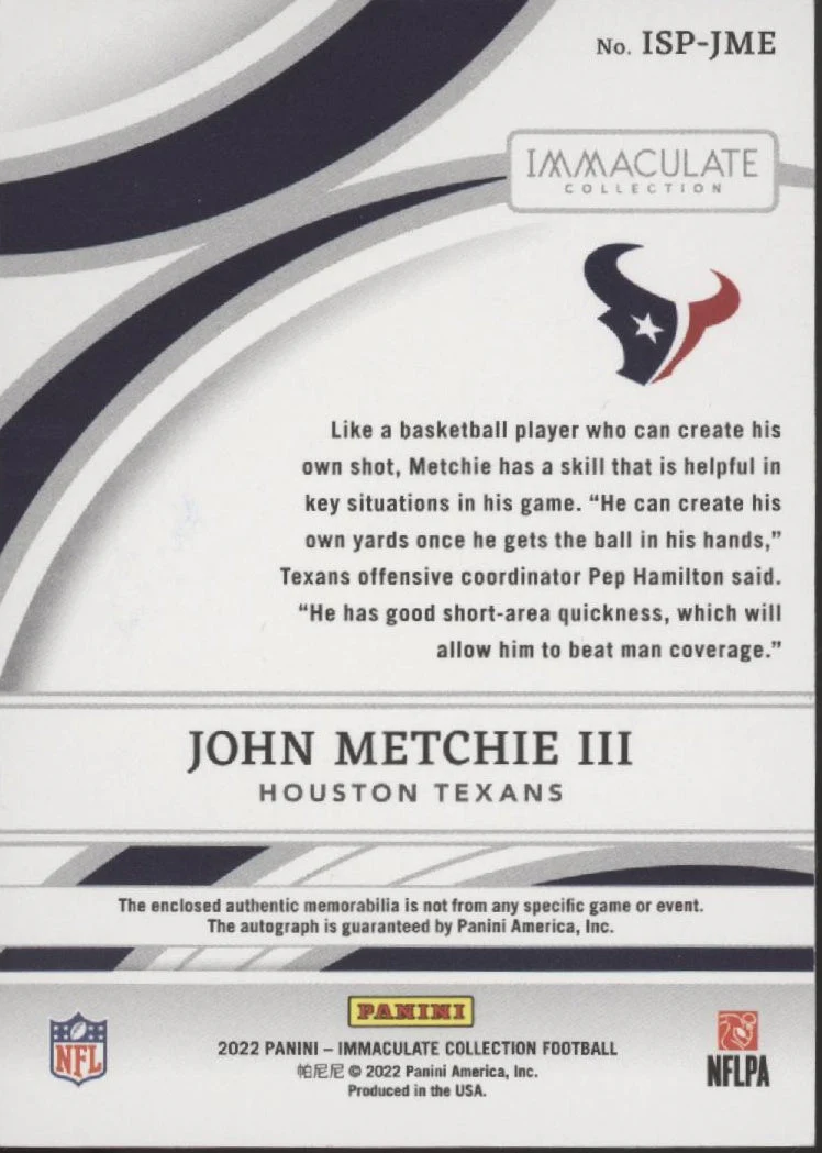 John Metchie III 2022 Panini Immaculate Collection Dual Swatch RC Auto 57/99 - Image 2