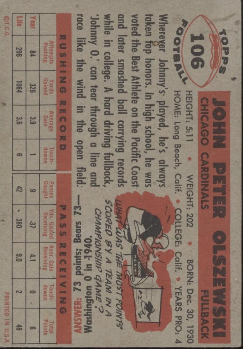 John Olszewski 1956 Topps #106 Chicago Cardinals VG - Image 2