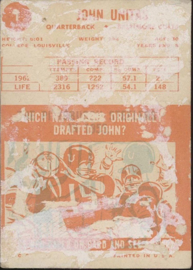 John Unitas 1963 Topps #1 Baltimore Colts PR - Image 2