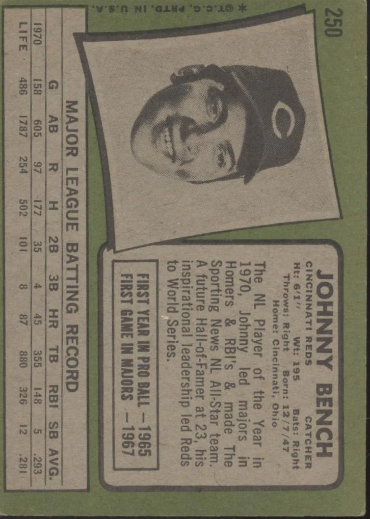 Johnny Bench 1971 Topps #250 Cincinnati Reds VG - Image 2