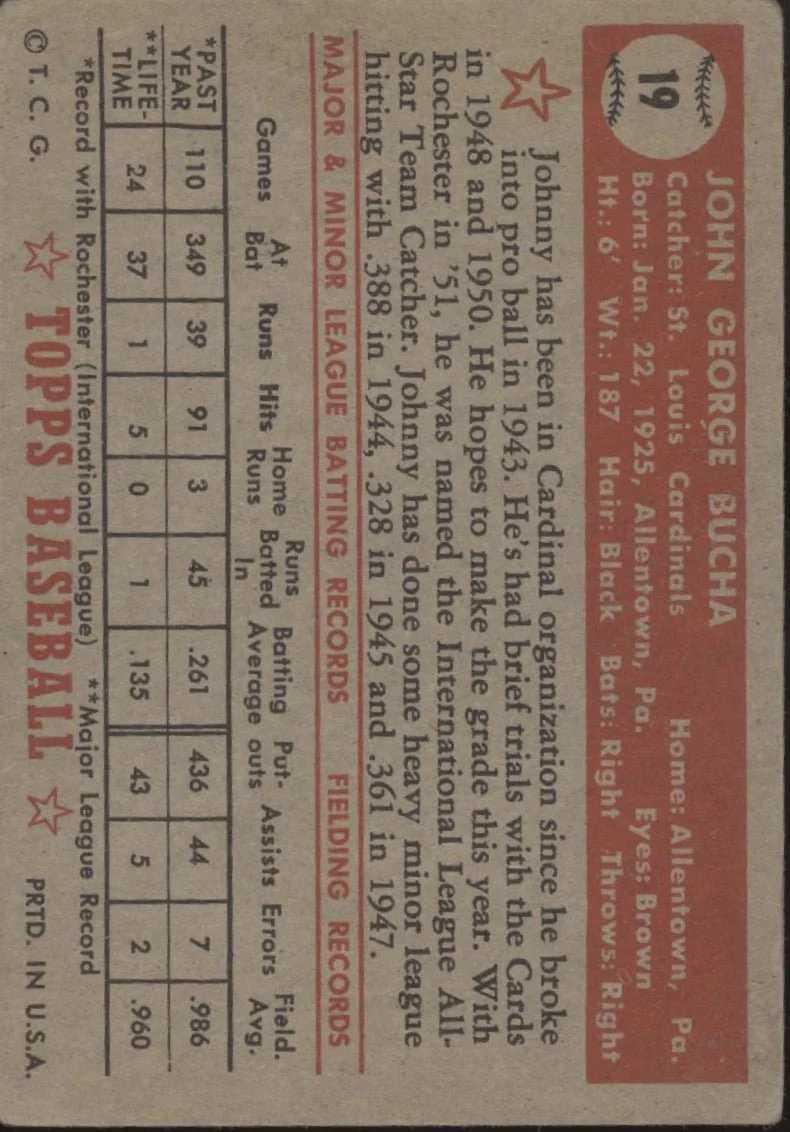 Johnny Bucha 1952 Topps RC #19 St. Louis Cardinals VG - Image 2