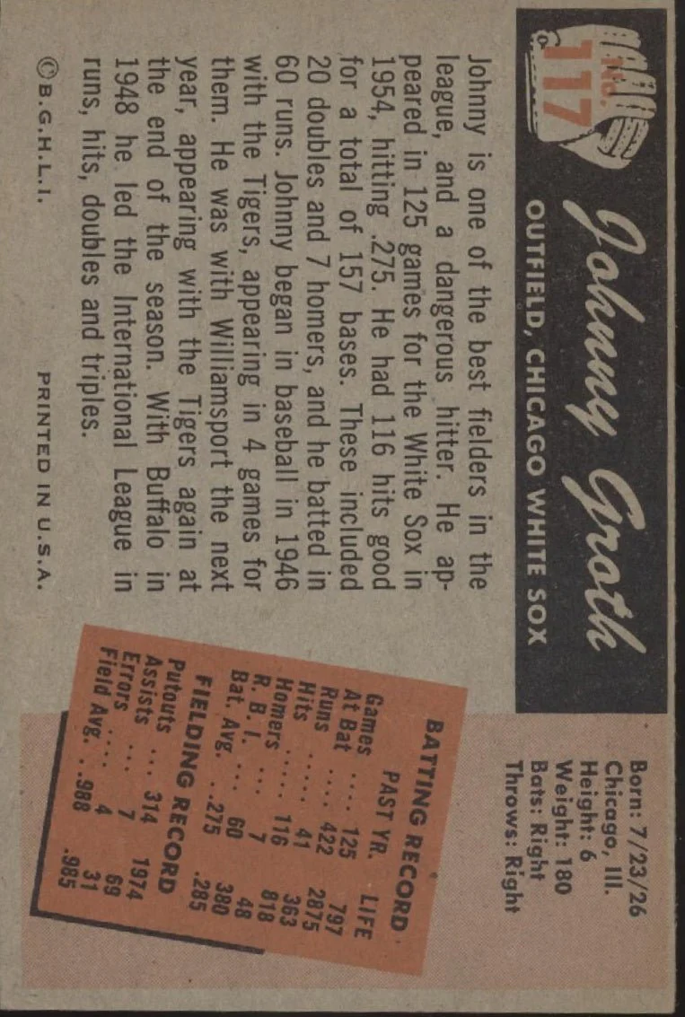 Johnny Groth 1955 Bowman #117 Chicago White Sox EX - Image 2