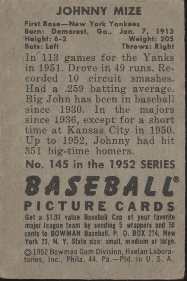 Johnny Mize 1952 Bowman #145 New York Yankees VG - Image 2