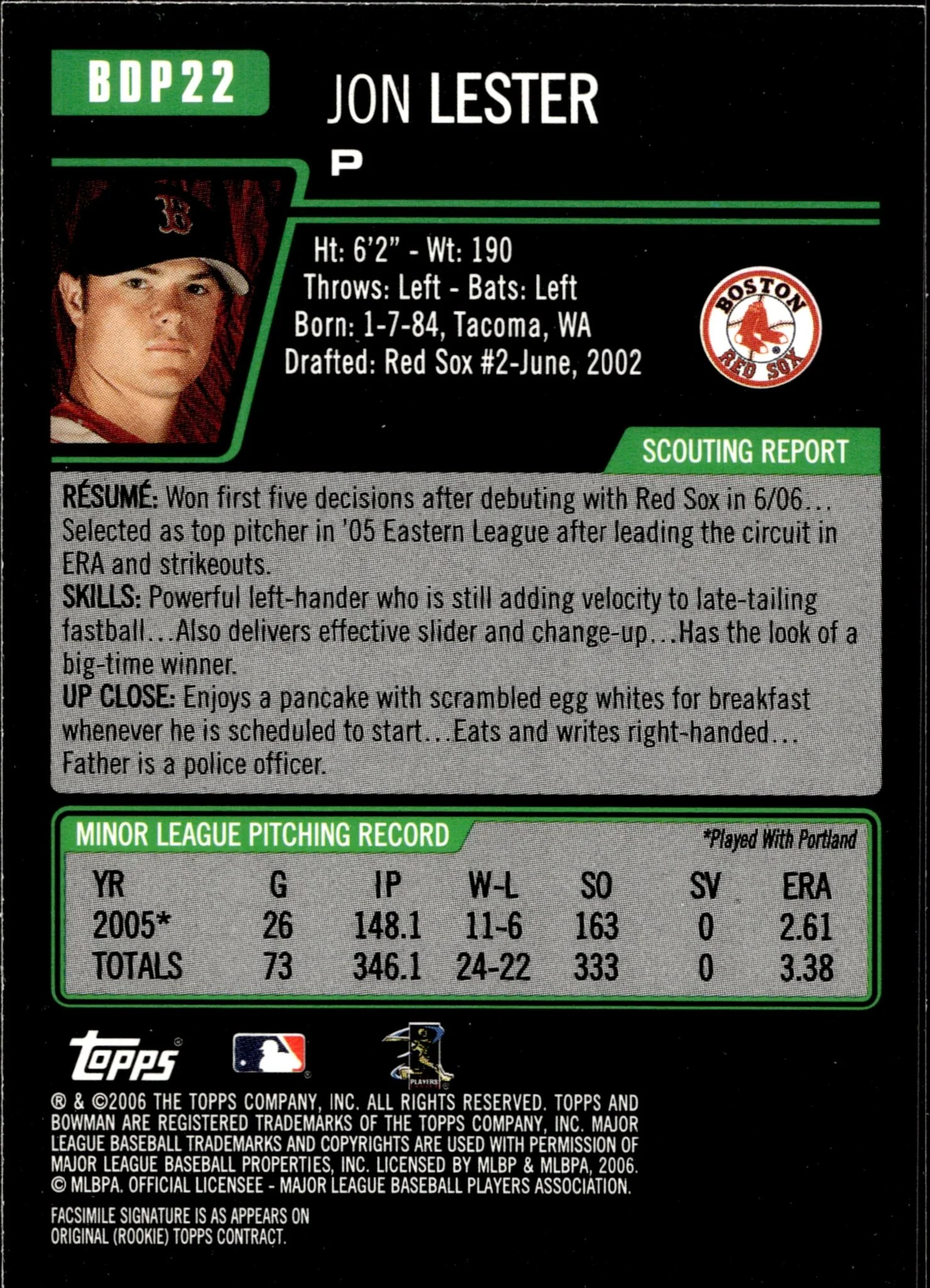 Jon Lester 2006 Bowman RC #BDP22 #4 - Image 2