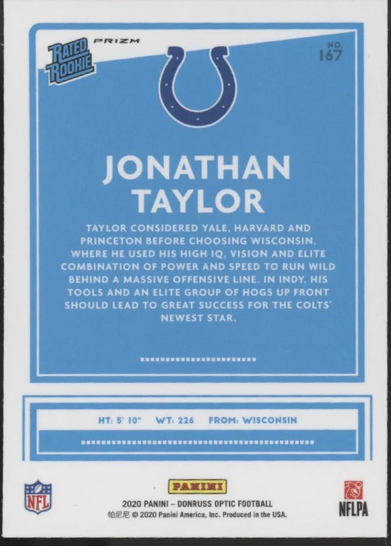 Jonathan Taylor 2020 Panini Donruss Optic Rated Rookie Blue Prism Prizm RC #167 - Image 2