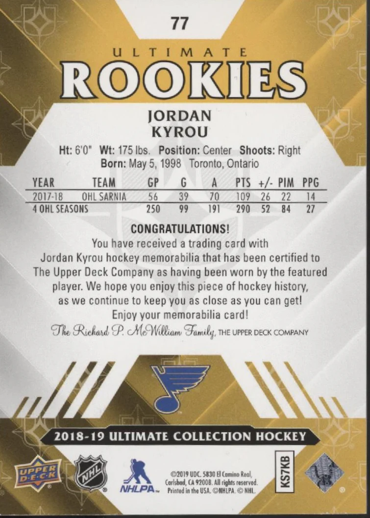 Jordan Kyrou 2018-19 Upper Deck Ultimate Collection Swatch RC 016/399 #77 - Image 2